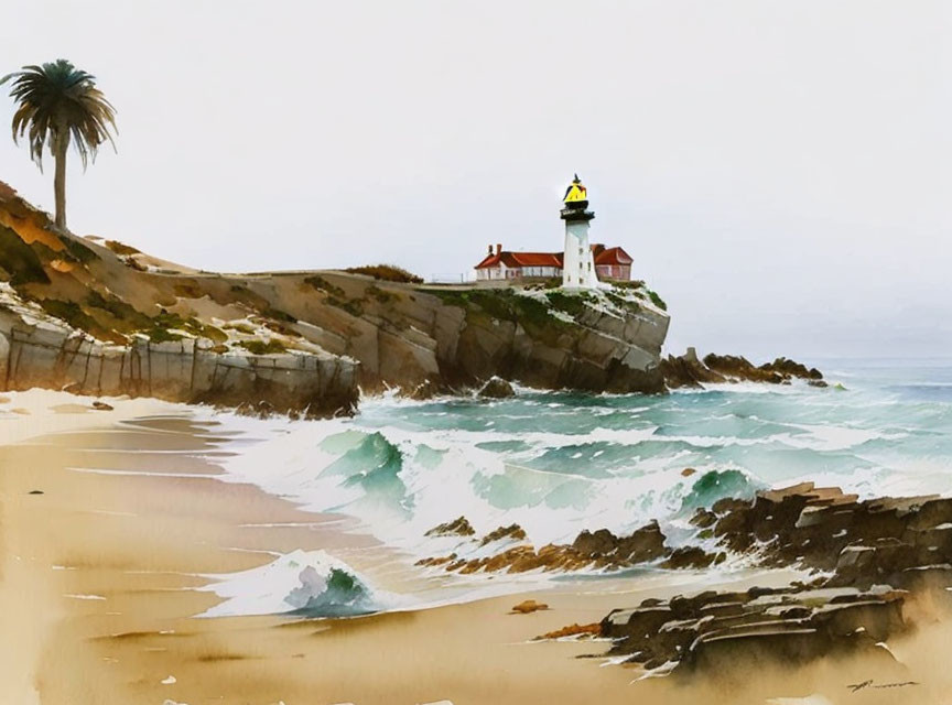 Tranquil watercolor painting of lighthouse on cliff with palm tree & turbulent sea waves