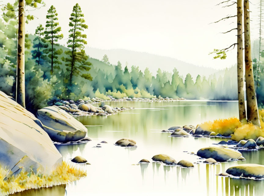 Tranquil forest scene with trees, rocks, and calm lake