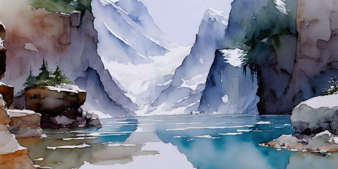 Snowy Mountain Landscape Watercolor Painting with Reflective Lake