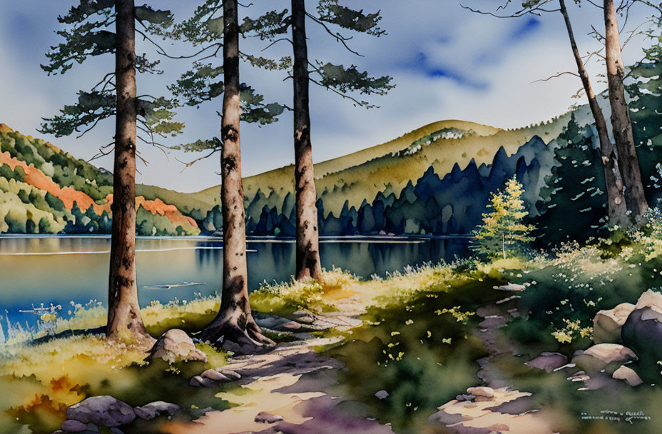 Tranquil watercolor painting: serene lakeside, forested hills, tall trees, clear sky