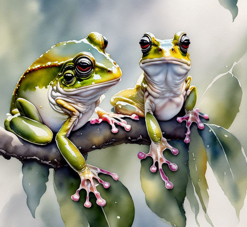 Colorful Frogs on Branch Against Watercolor Background