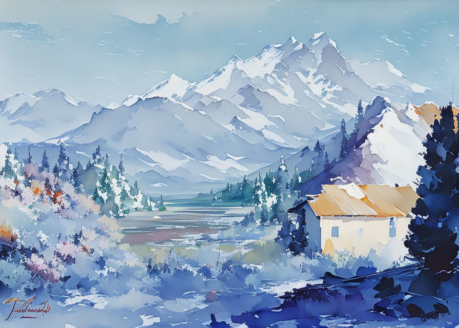 Mountainous Landscape Watercolor Painting with Cabin, Lake, Trees, and Foliage in Blue,