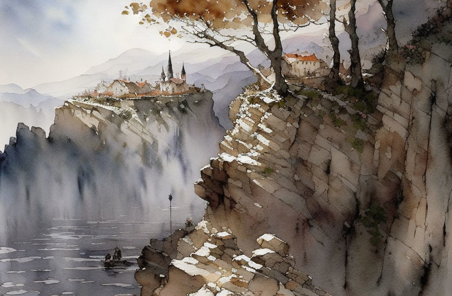 Misty cliffside watercolor with path to autumn castle