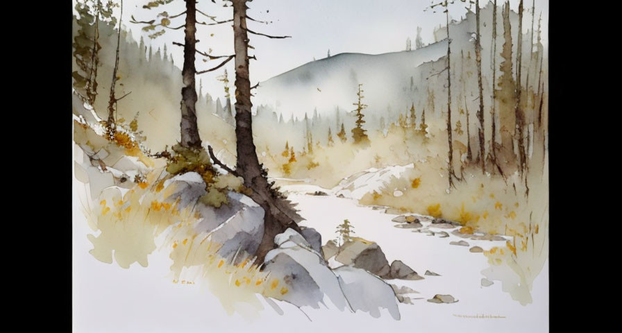 Tranquil forest watercolor with slender trees and autumnal colors