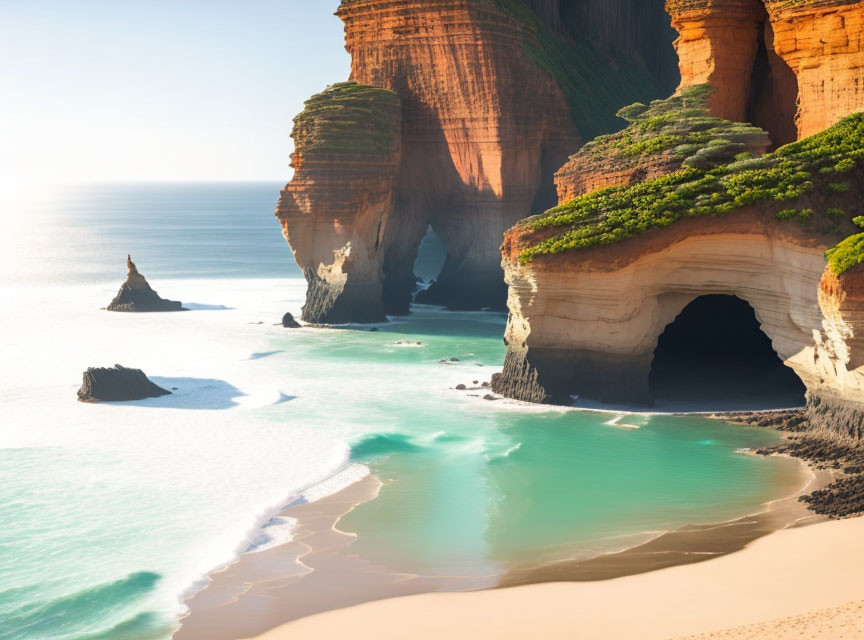 Rugged coastline with sandstone cliffs, greenery, eroded arches, and turquoise waters