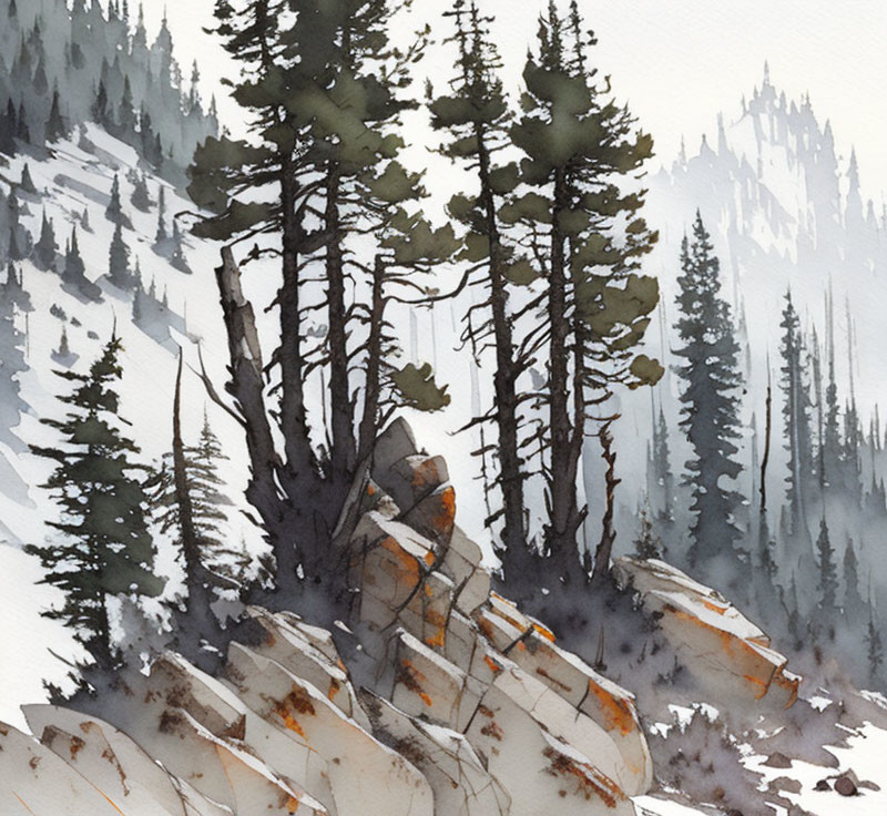 Snowy mountain landscape watercolor painting with pine trees and misty forest.