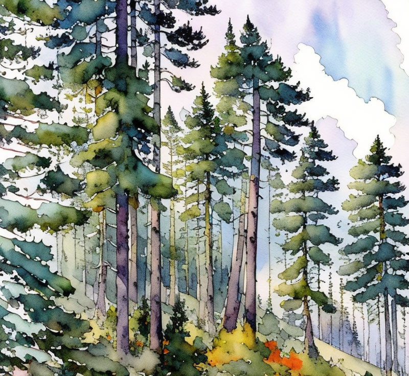 Serene forest watercolor painting with tall pine trees and autumn foliage