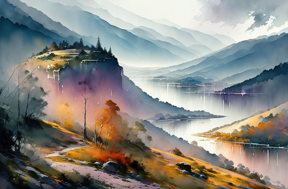 Tranquil watercolor landscape: Misty mountains, serene lake, lush forests, warm color palette