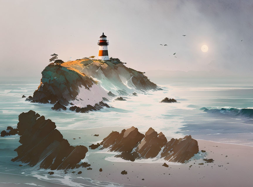 Tranquil coastal digital painting with lighthouse, waves, birds, and sun