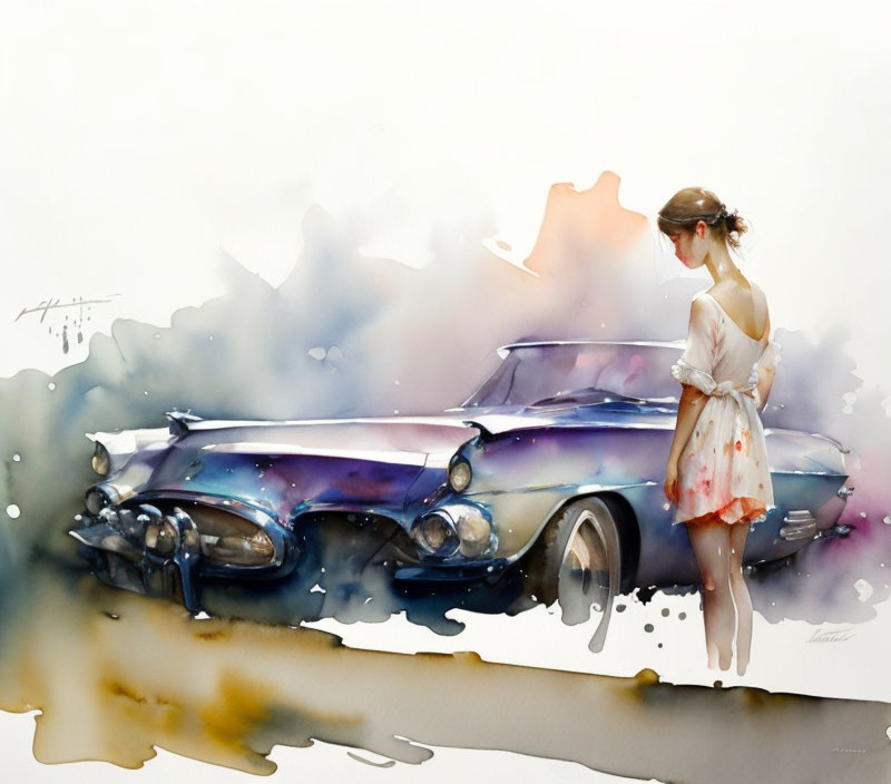 Woman Standing by Classic Car Watercolor Painting