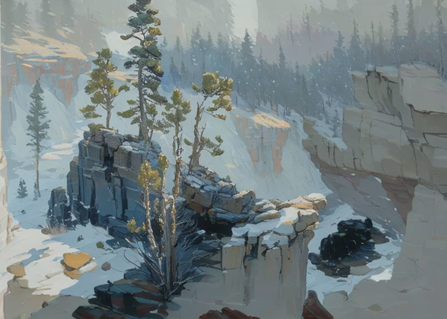 Wintry landscape painting: Trees on rocky outcrop, misty forest backdrop