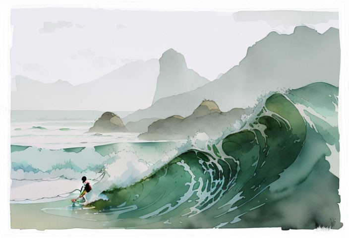 Surfer riding a wave with coastal cliffs in watercolor art