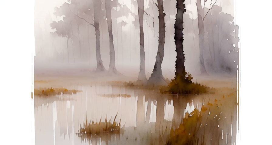 Tranquil watercolor painting of misty forest scene