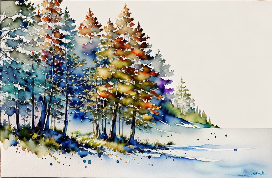 Vibrant watercolor painting of autumn forest and snowy pines by a riverbank