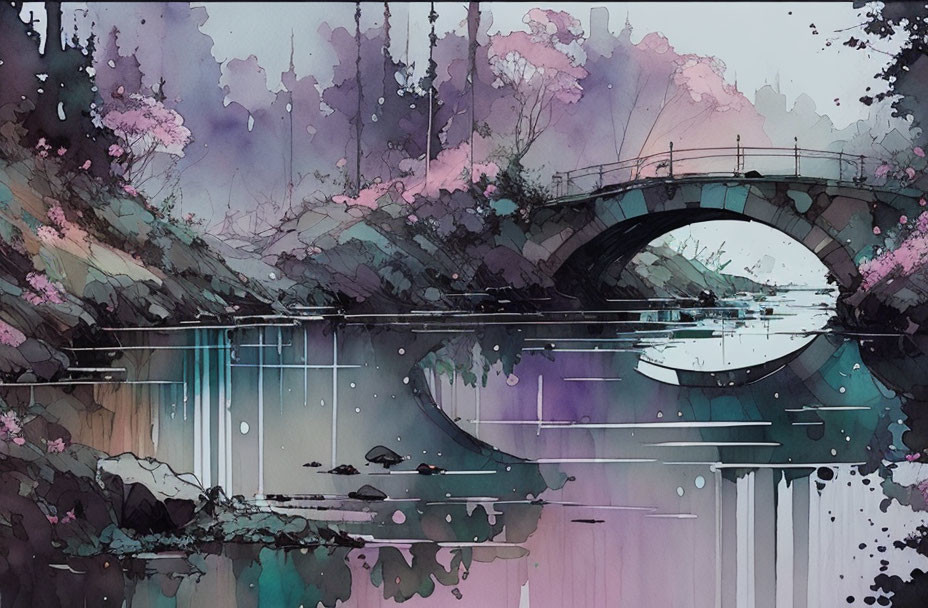 Serene watercolor painting: stone bridge, calm river, cherry blossoms