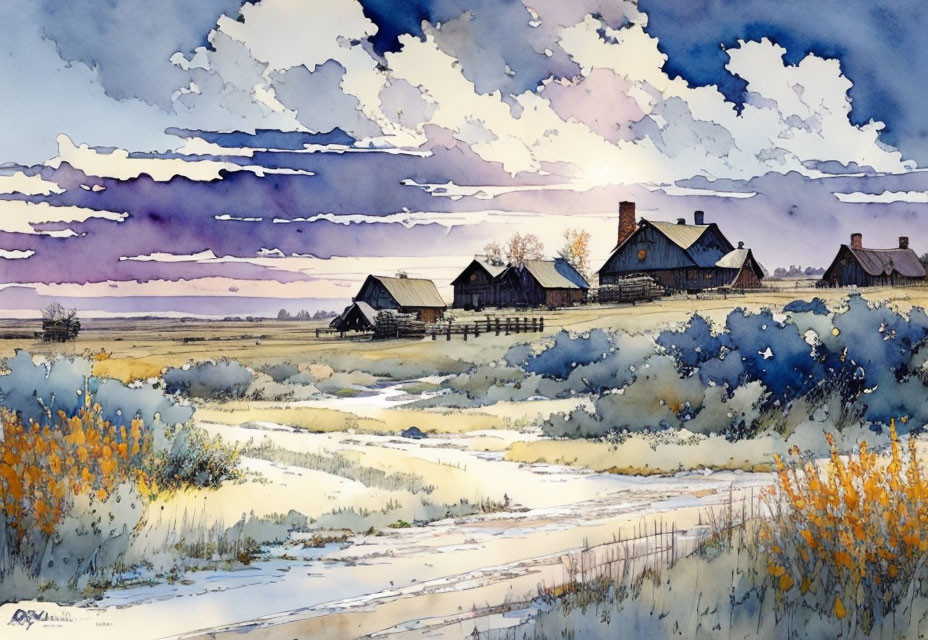 Rural landscape watercolor painting with houses, path, and dramatic sky