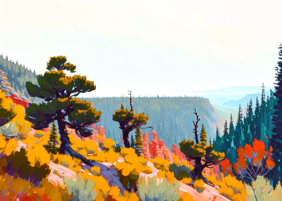 Colorful autumn forest landscape with pine trees on hills