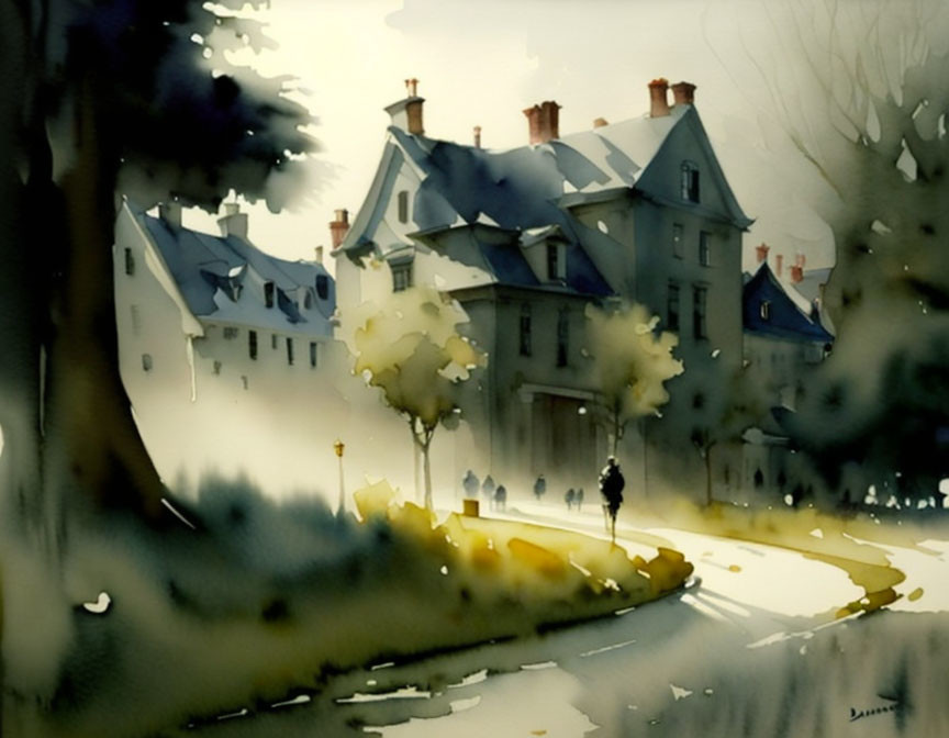 Person walking near vintage houses at dusk with street lamps and trees - watercolor painting