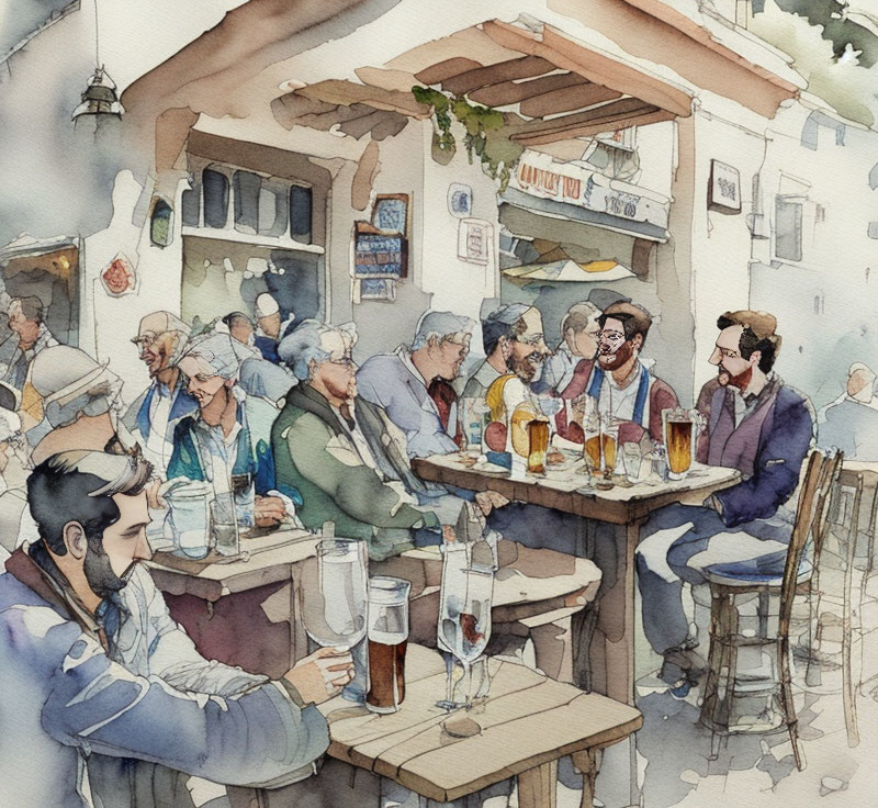 Tranquil outdoor café scene with patrons enjoying drinks