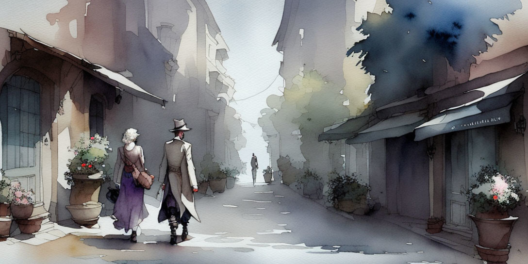 Elderly Couple Walking Hand in Hand Watercolor Illustration