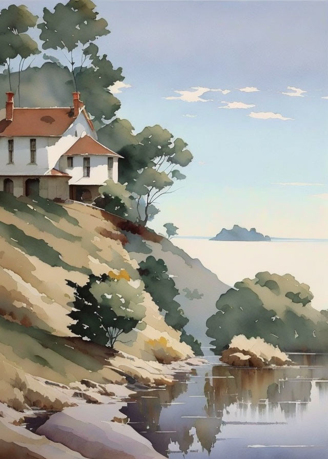 Tranquil watercolor landscape of a house on a cliff overlooking river and hills