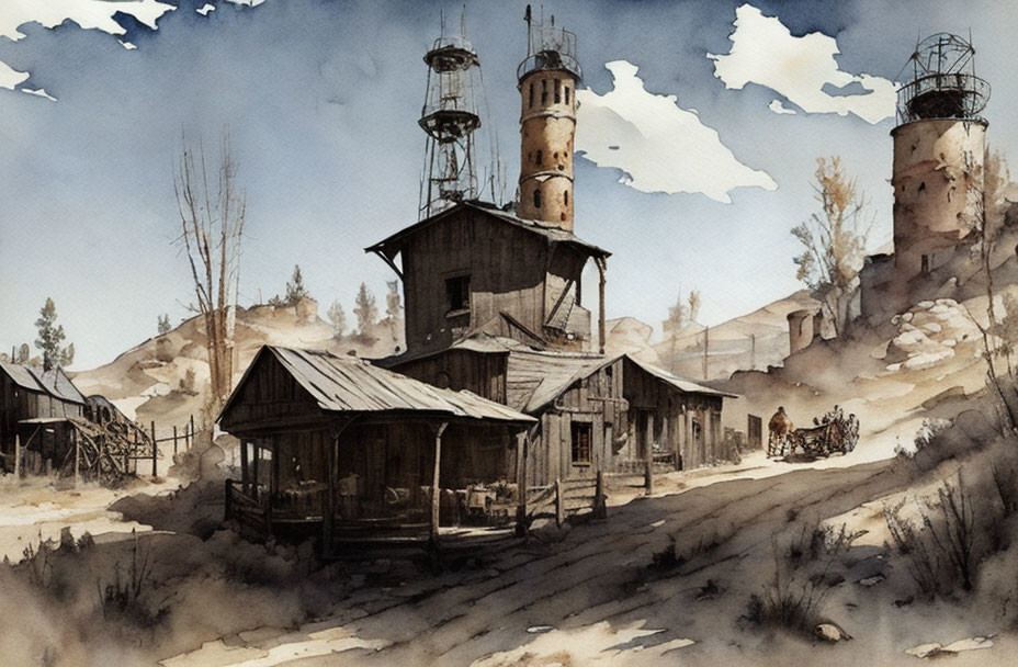 Watercolor painting of old western scene with rustic buildings, watchtowers, wagon, and cloudy sky