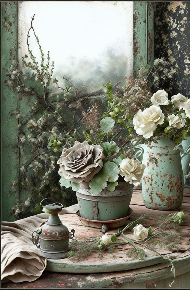 Rustic still life with white roses and greenery in weathered pots on wooden table