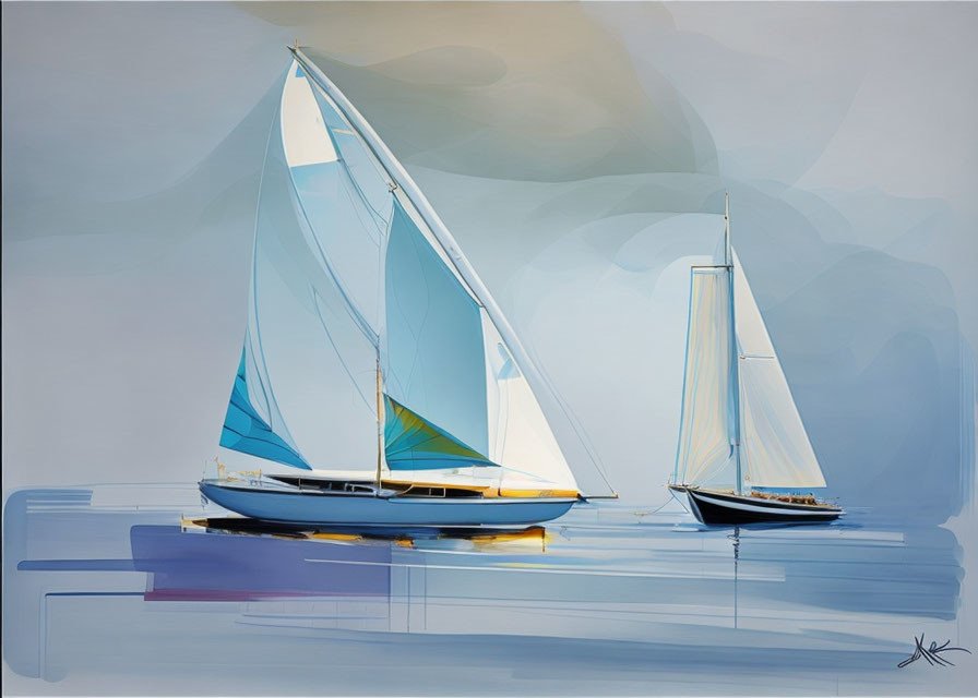 Abstract sailboats on calm reflective waters with soft cloud and sky background