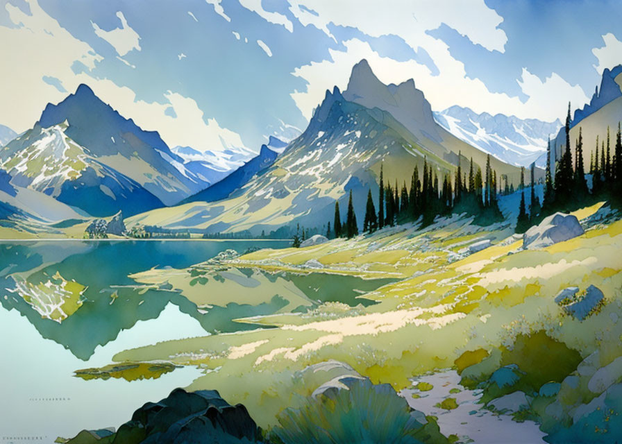 Tranquil landscape painting: mountains, lake, lush greenery