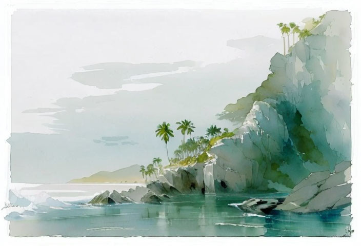 Tranquil coastal landscape with palm trees in watercolor