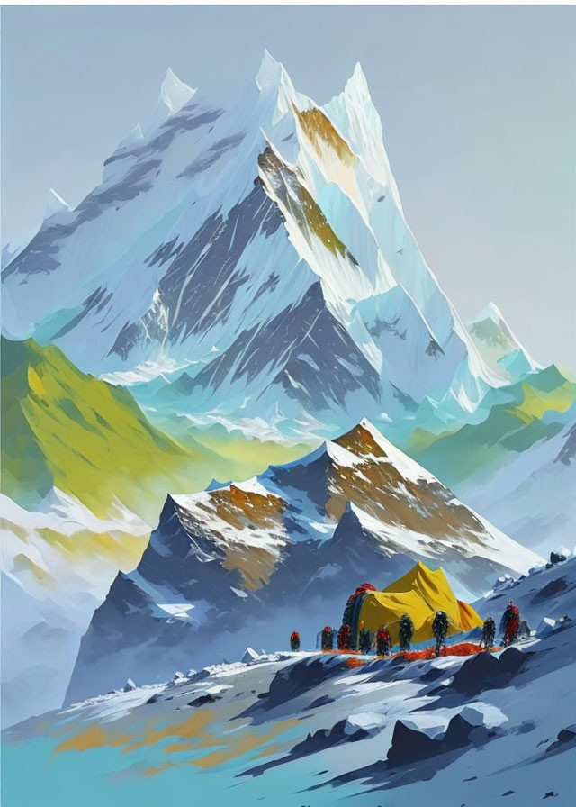 Colorful Snowy Mountain Peak Painting with Yellow Tent and Red Trees