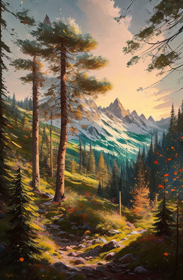 Mountain forest landscape with tall pine trees, path, snow-capped mountains, and warm sunlight.