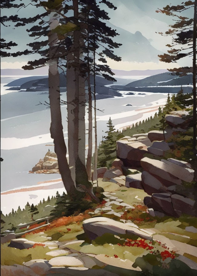 Landscape painting: tall trees, rocky foreground, serene bay, distant mountains