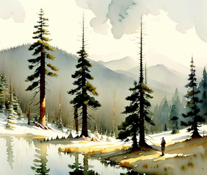 Serene forest landscape with tall trees and calm lake