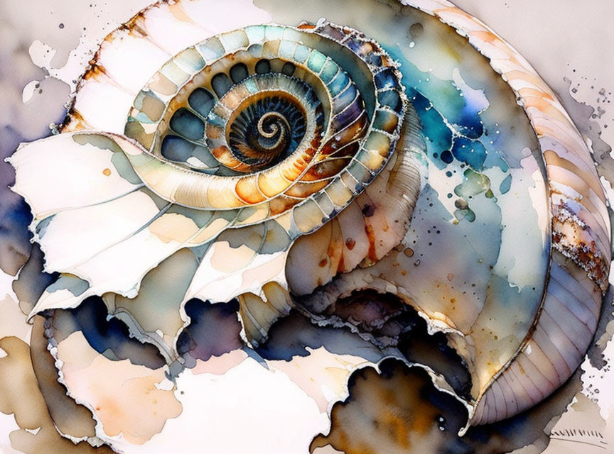 Seashell watercolor painting with spiral pattern in earthy tones