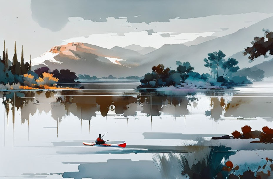 Tranquil digital painting of person kayaking on serene lake