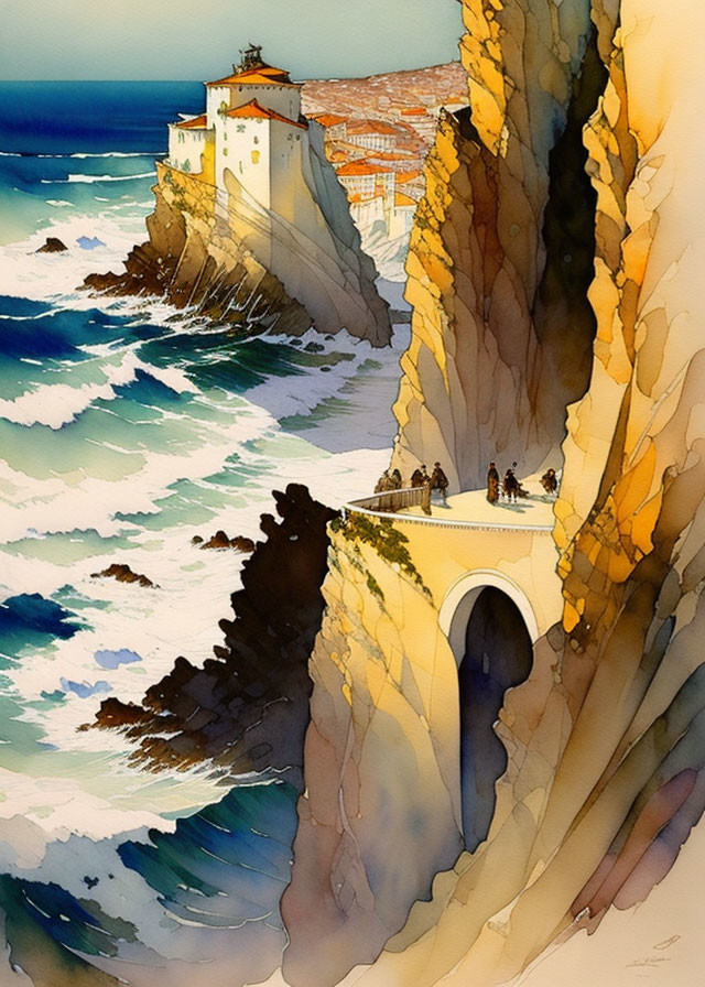 Watercolor painting of lighthouse on rugged cliff with bridge and people overlooking waves