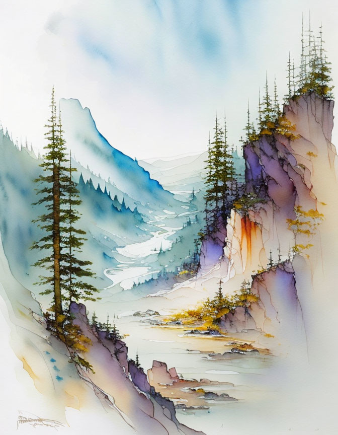 Misty Mountain Landscape Watercolor Painting