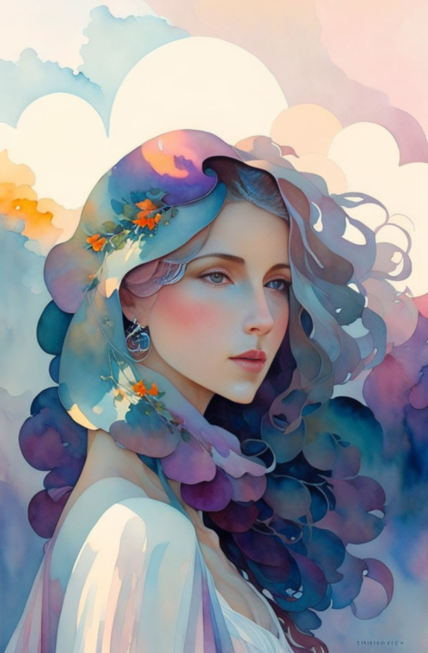 Multicolored woman portrait with translucent hair and flower accents on pastel cloud backdrop