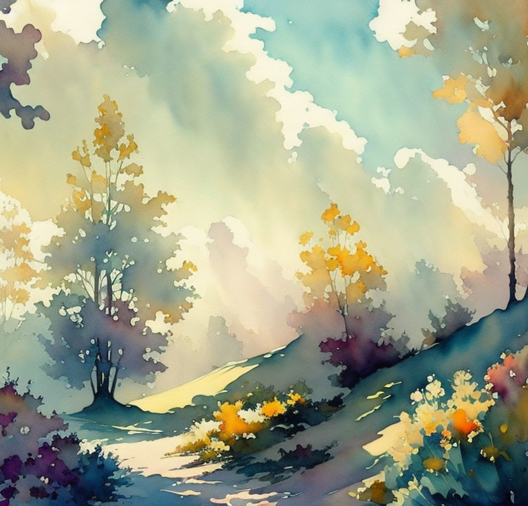 Autumn trees watercolor landscape with gentle hills and dreamy colors