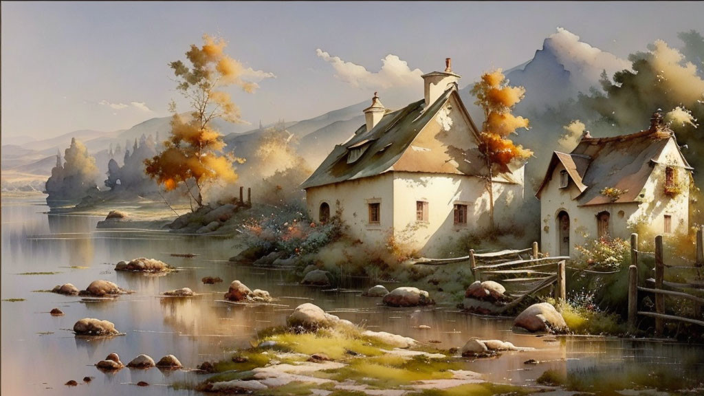 Tranquil river and white cottages in autumn countryside