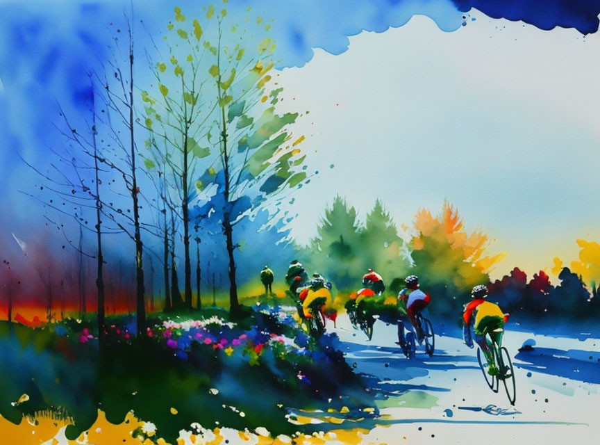 Colorful Watercolor Painting of Cyclists in Vibrant Landscape