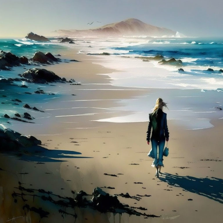 Figure walking on serene beach with rocks, waves, and distant mountain under pastel sky