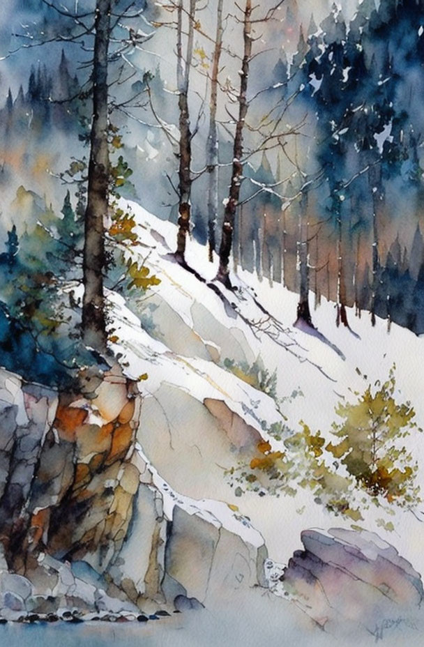 Snowy forest watercolor painting: serene winter scene with trees, slope, and rocks