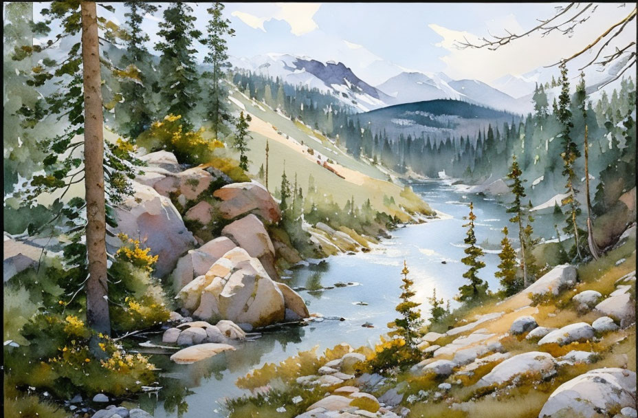 Serene mountain landscape watercolor painting with river, pine trees, boulders, and distant peaks