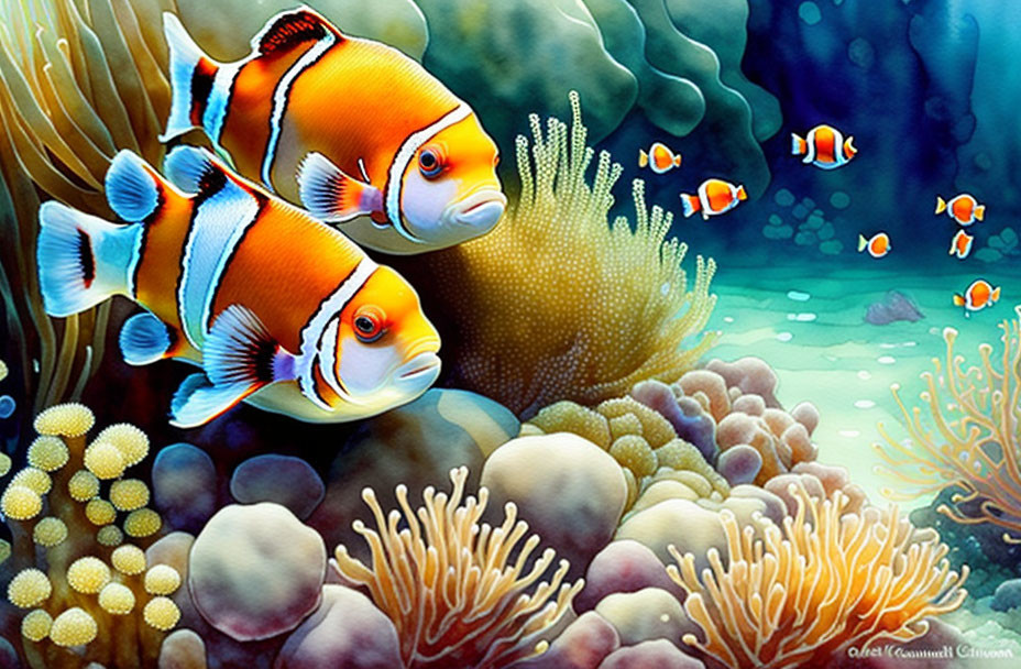 Vibrant Clownfish and Coral Reef in Serene Underwater Scene