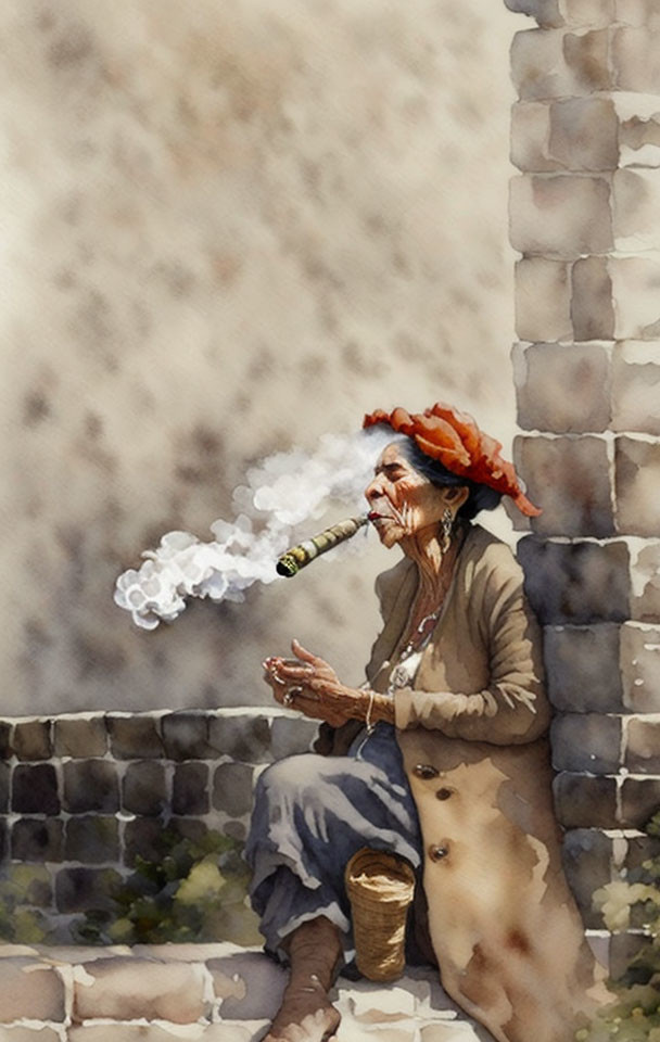 Elderly woman smoking a pipe by stone wall in watercolor style