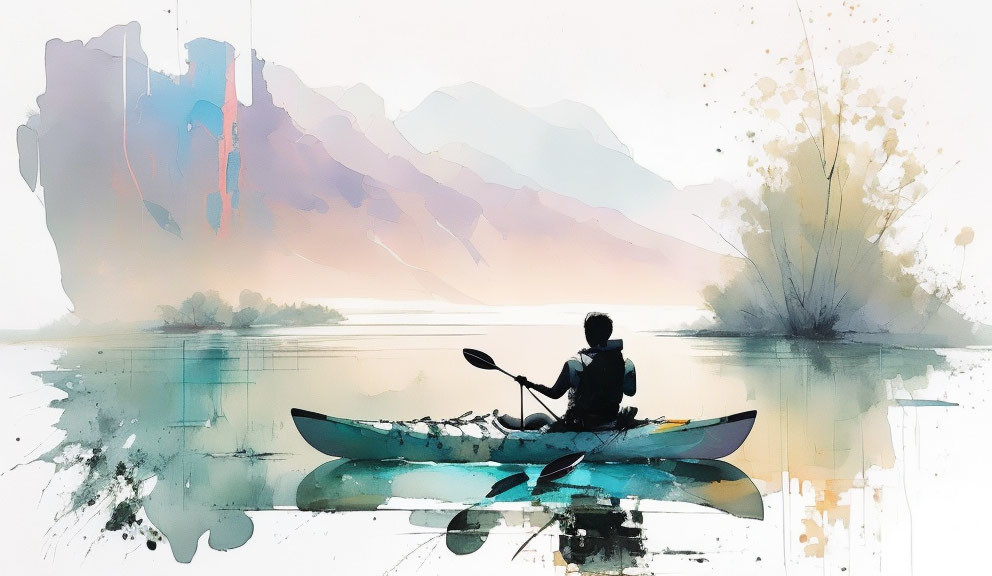 Abstract watercolor painting of person kayaking on tranquil lake