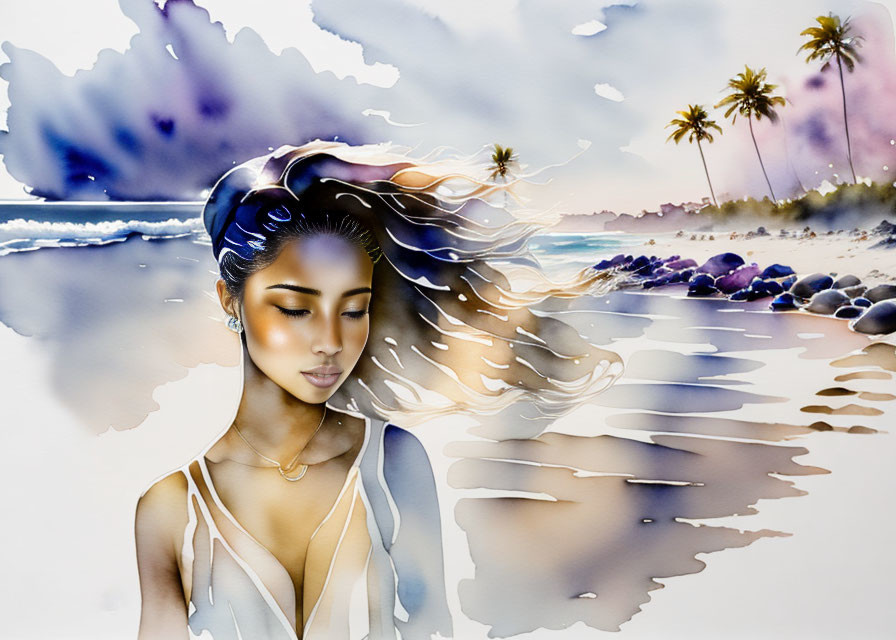 Woman's profile merges with beach scene: flowing hair becomes waves, palm trees, cloudy sky.