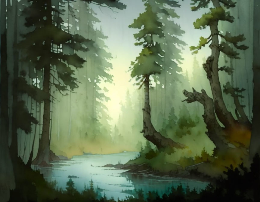 Tranquil forest scene with misty lake and towering trees